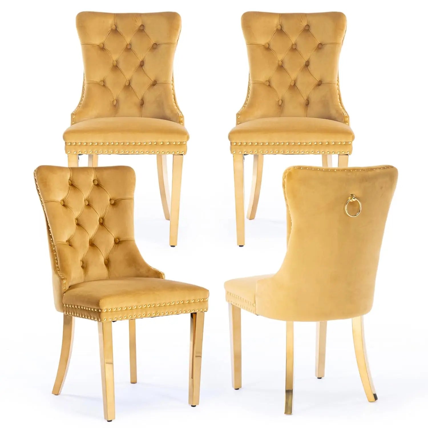 Velvet Upholstered Tufted Dining Chair Set of 4 w/ Nailhead Trim Wood Legs for Dining Room Restaurant Gold, Customized