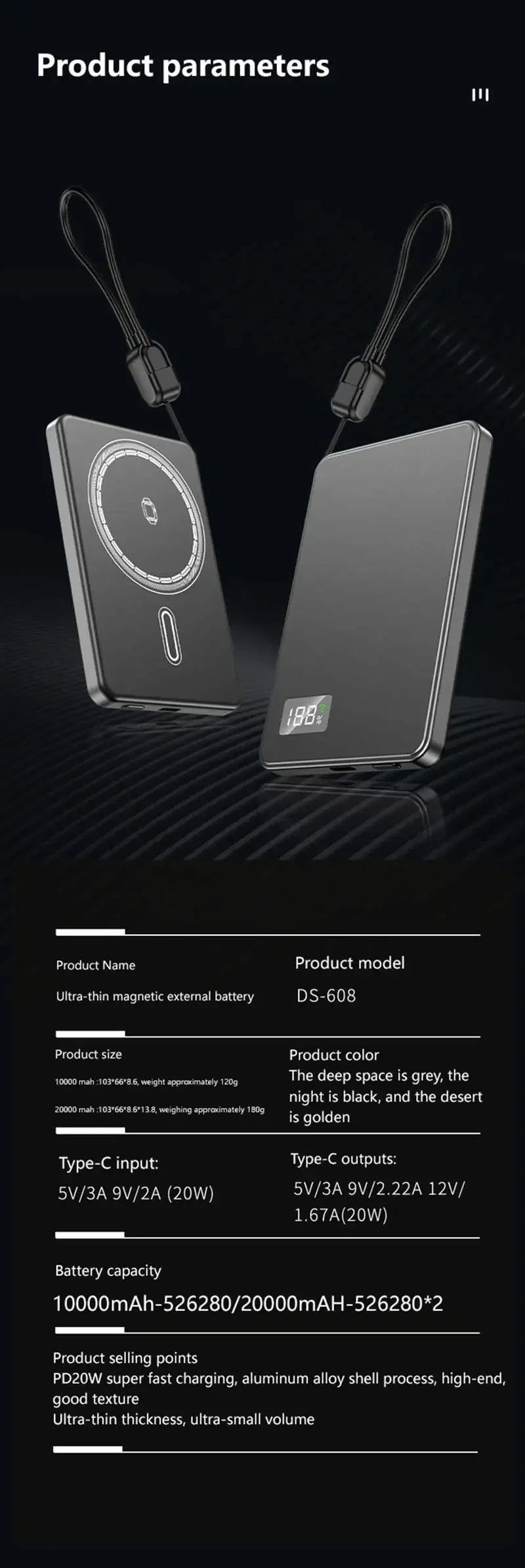Lenovo Ultra-thin 500000mAh Mobile Power Bank For MagSafe Magnetic Wireless Fast Charge Portable LED Display For iPhone Xiaomi