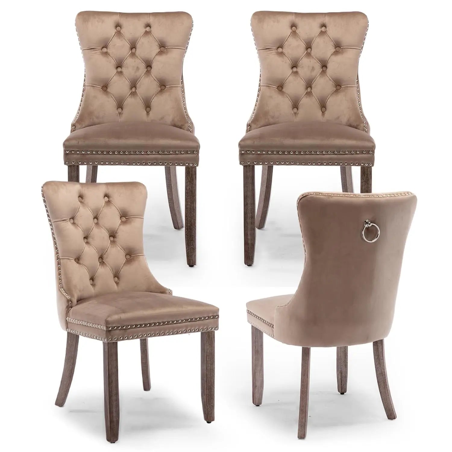 Velvet Upholstered Tufted Dining Chair Set of 4 w/ Nailhead Trim Wood Legs for Dining Room Restaurant Gold, Customized