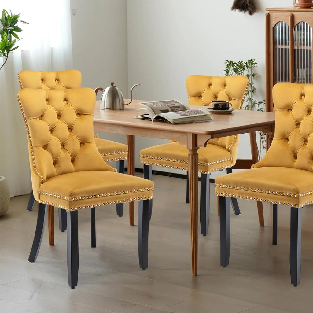 Velvet Upholstered Tufted Dining Chair Set of 4 w/ Nailhead Trim Wood Legs for Dining Room Restaurant Gold, Customized