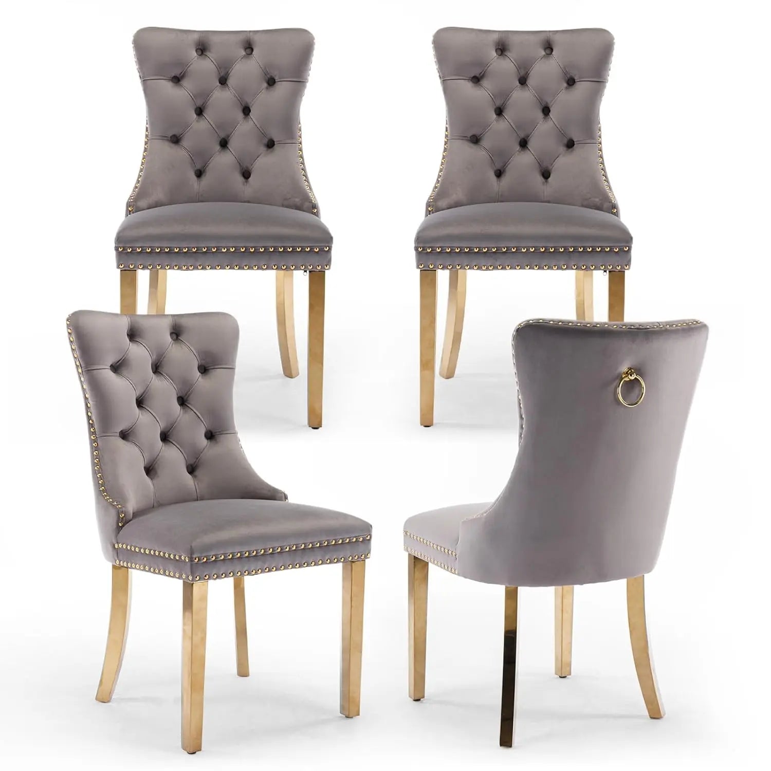 Velvet Upholstered Tufted Dining Chair Set of 4 w/ Nailhead Trim Wood Legs for Dining Room Restaurant Gold, Customized