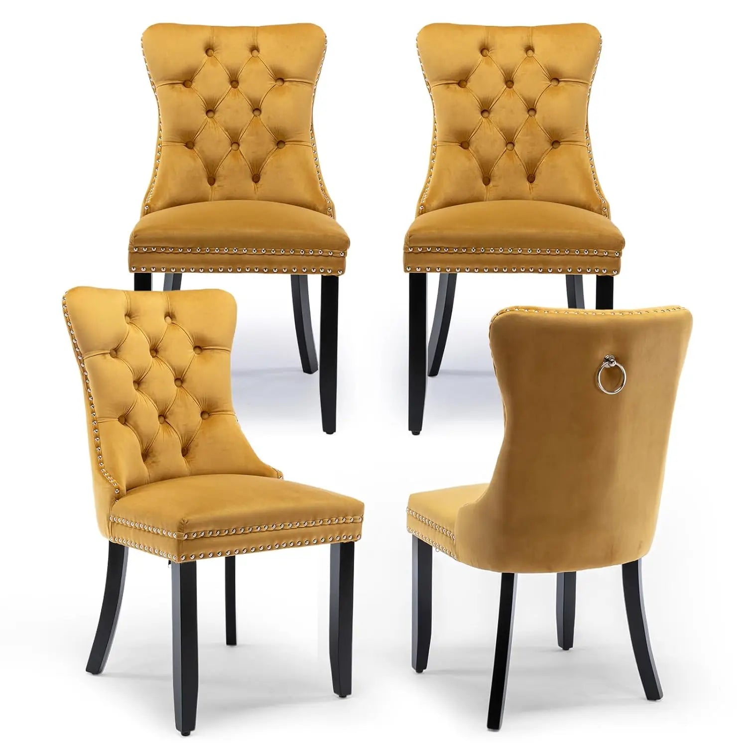 Velvet Upholstered Tufted Dining Chair Set of 4 w/ Nailhead Trim Wood Legs for Dining Room Restaurant Gold, Customized