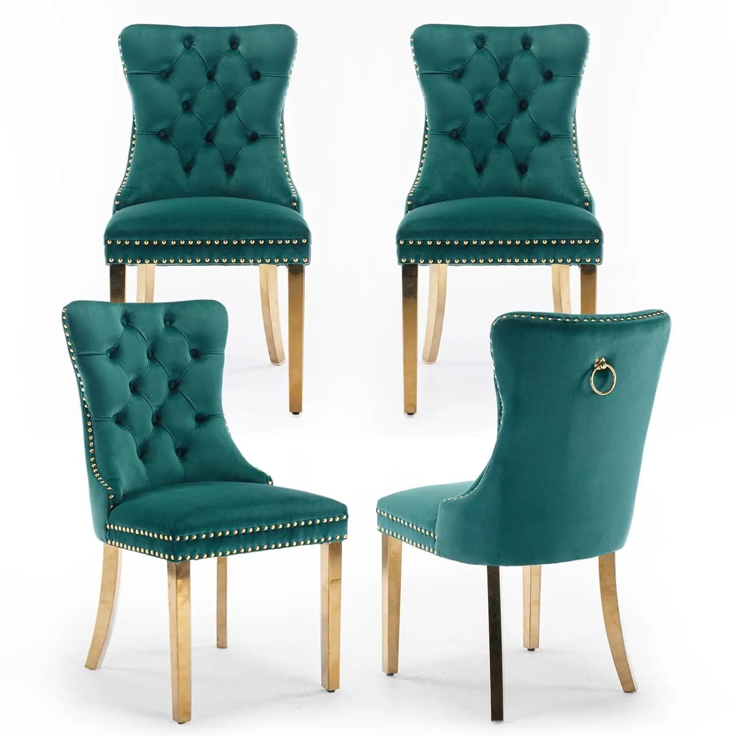 Velvet Upholstered Tufted Dining Chair Set of 4 w/ Nailhead Trim Wood Legs for Dining Room Restaurant Gold, Customized