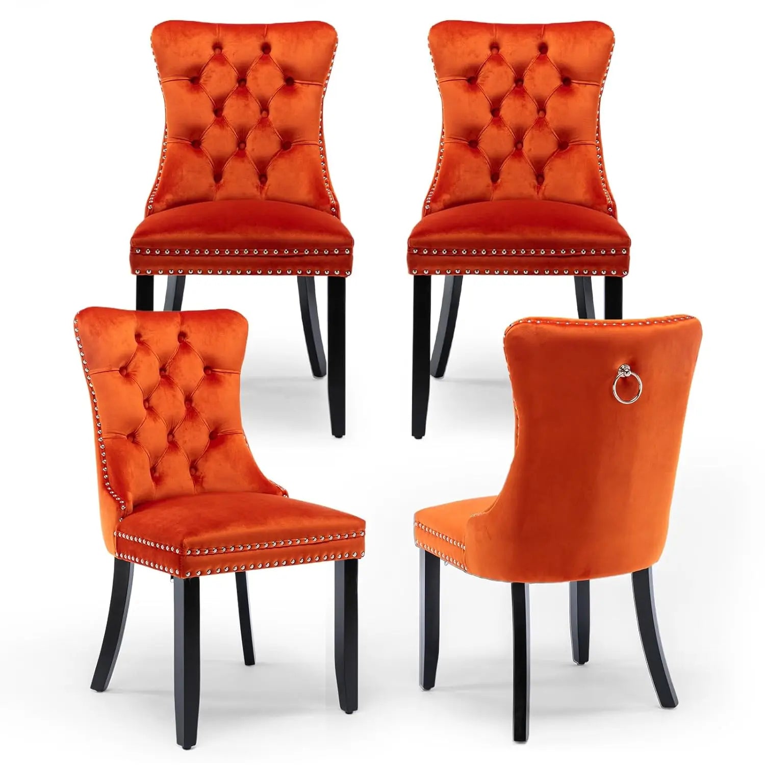 Velvet Upholstered Tufted Dining Chair Set of 4 w/ Nailhead Trim Wood Legs for Dining Room Restaurant Gold, Customized