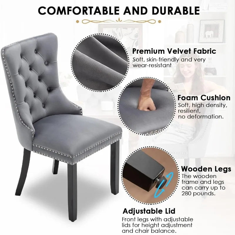 Garden Chairs Set of 4, Upholstered Dining Chairs with Ring Pull Trim and Button Back, Luxury Tufted Dining Chair