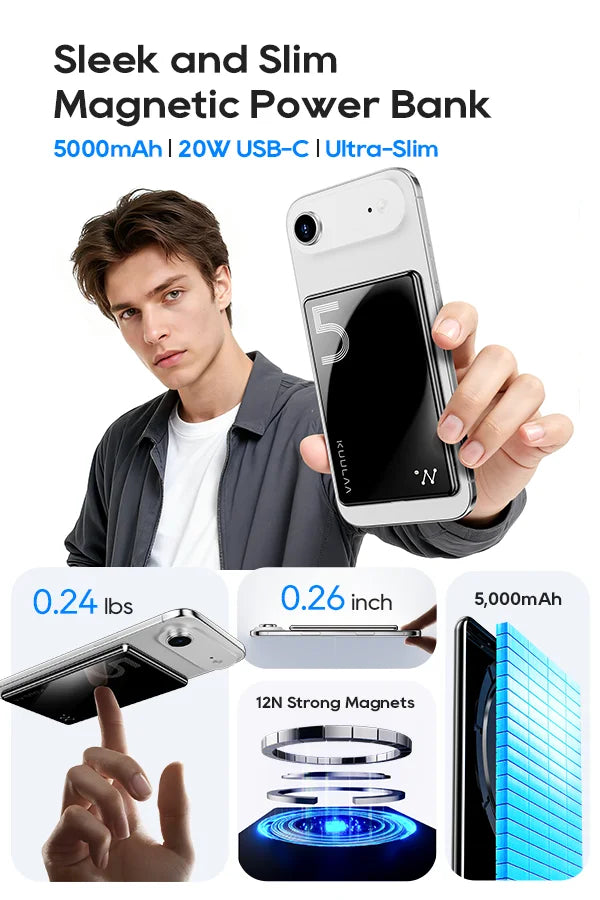 KUULAA Power Bank 5000mAh Magnetic Wireless Portable Charger External Battery 20W Fast Charging For iPhone 17 16 15 14 Pro Max